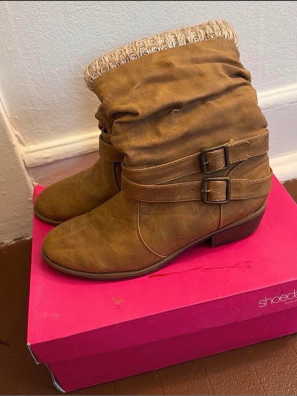 Shoe Dazzle Tan Slouchy Buckle Ankle Booties